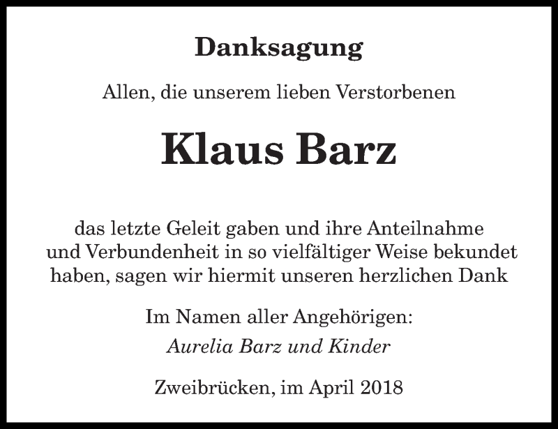  Traueranzeige für Klaus Barz vom 14.04.2018 aus saarbruecker_zeitung