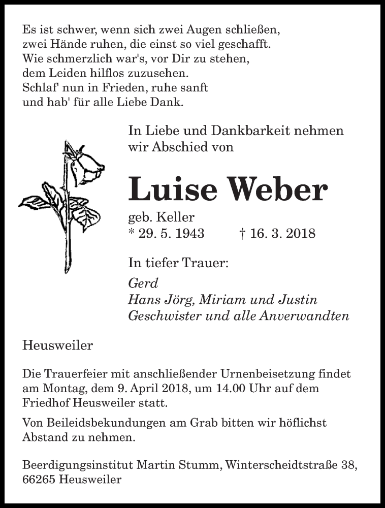  Traueranzeige für Luise Weber vom 07.04.2018 aus saarbruecker_zeitung