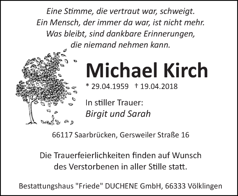  Traueranzeige für Michael Kirch vom 28.04.2018 aus saarbruecker_zeitung