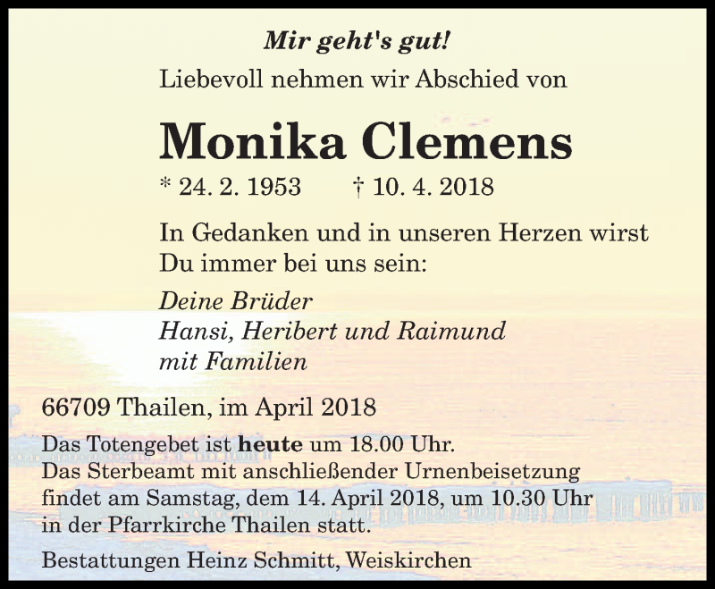  Traueranzeige für Monika Clemens vom 13.04.2018 aus saarbruecker_zeitung