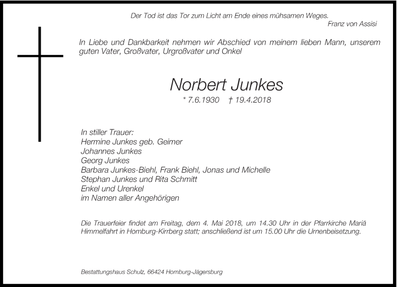  Traueranzeige für Norbert Junkes vom 25.04.2018 aus saarbruecker_zeitung