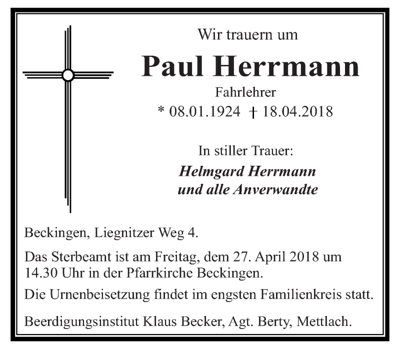  Traueranzeige für Paul Herrmann vom 24.04.2018 aus saarbruecker_zeitung