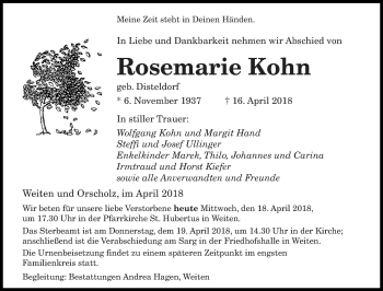 Traueranzeige von Rosemarie Kohn von saarbruecker_zeitung