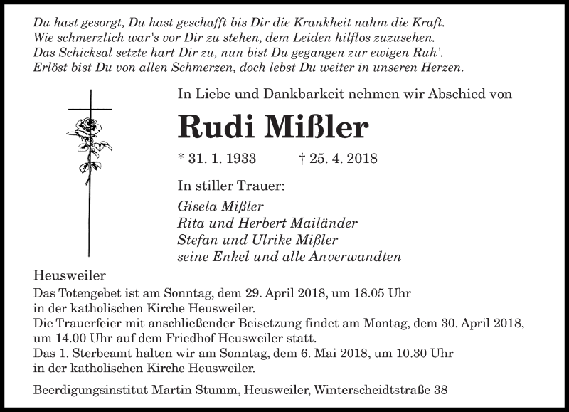  Traueranzeige für Rudi Mißler vom 28.04.2018 aus saarbruecker_zeitung