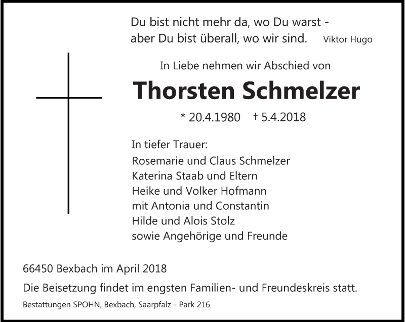  Traueranzeige für Thorsten Schmelzer vom 14.04.2018 aus saarbruecker_zeitung