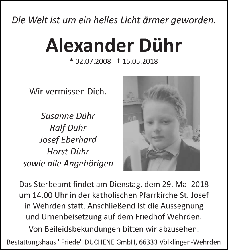  Traueranzeige für Alexander Dühr vom 23.05.2018 aus saarbruecker_zeitung