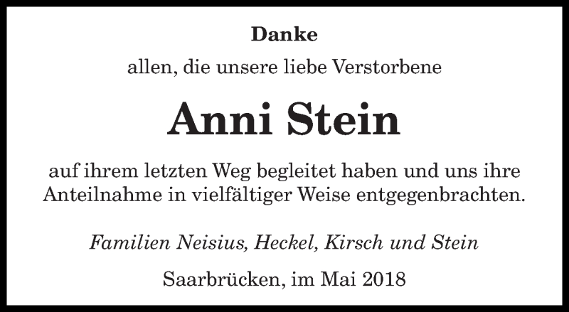  Traueranzeige für Anni Stein vom 12.05.2018 aus saarbruecker_zeitung