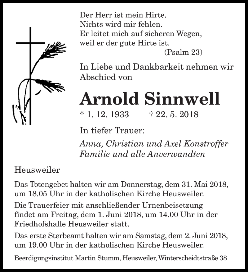  Traueranzeige für Arnold Sinnwell vom 29.05.2018 aus saarbruecker_zeitung