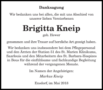 Traueranzeige von Brigitta Kneip von saarbruecker_zeitung