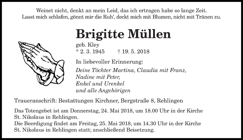  Traueranzeige für Brigitte Müllen vom 23.05.2018 aus saarbruecker_zeitung