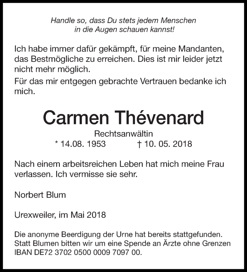  Traueranzeige für Carmen Thévenard vom 26.05.2018 aus saarbruecker_zeitung