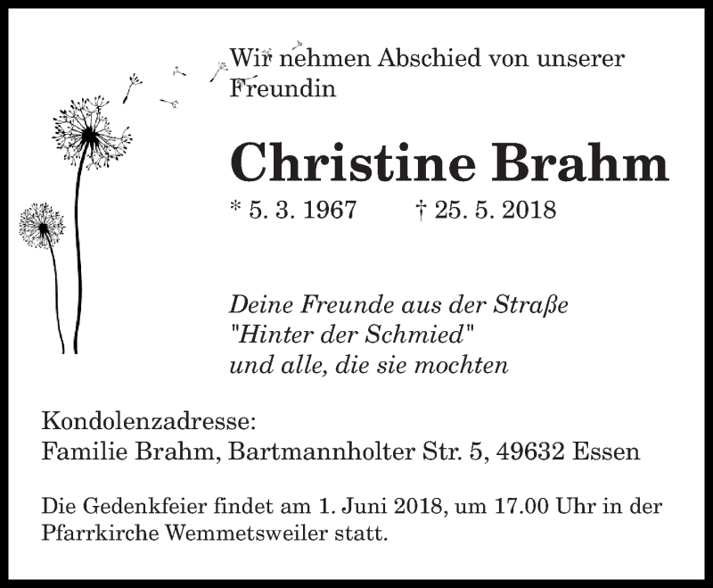  Traueranzeige für Christine Brahm vom 30.05.2018 aus saarbruecker_zeitung
