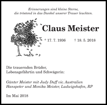 Traueranzeige von Claus Meister von saarbruecker_zeitung