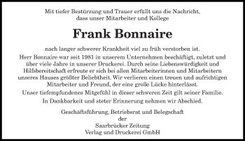 Traueranzeige von Frank Bonnaire von saarbruecker_zeitung