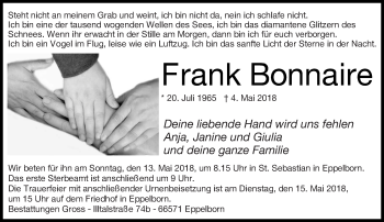 Traueranzeige von Frank Bonnaire von saarbruecker_zeitung