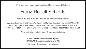 Traueranzeige von Franz-Rudolf Schettle von saarbruecker_zeitung