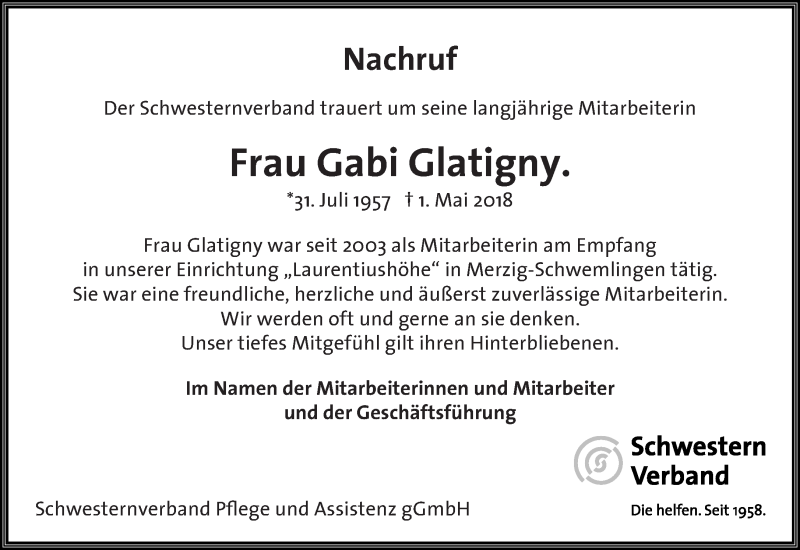  Traueranzeige für Gabi Glatigny vom 09.05.2018 aus saarbruecker_zeitung