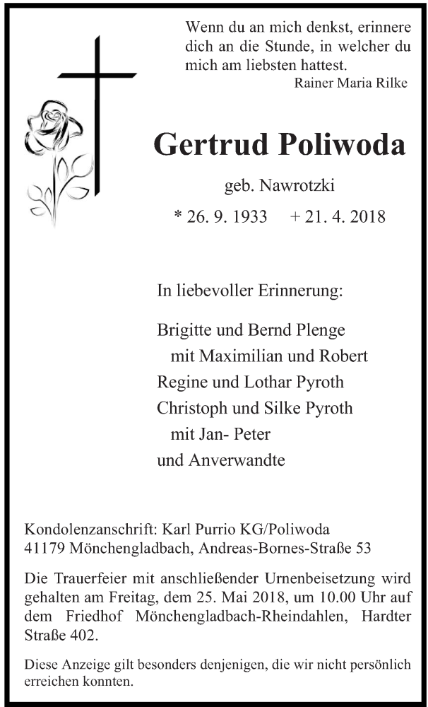  Traueranzeige für Gertrud Poliwoda vom 12.05.2018 aus saarbruecker_zeitung