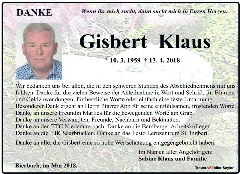  Traueranzeige für Gisbert Klaus vom 19.05.2018 aus saarbruecker_zeitung