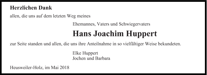  Traueranzeige für Hans Joachim Huppert vom 19.05.2018 aus saarbruecker_zeitung