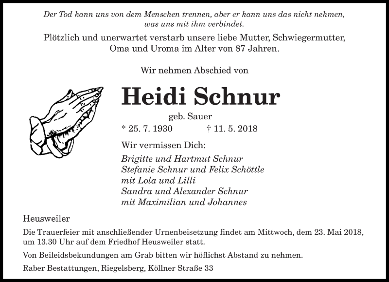  Traueranzeige für Heidi Schnur vom 19.05.2018 aus saarbruecker_zeitung