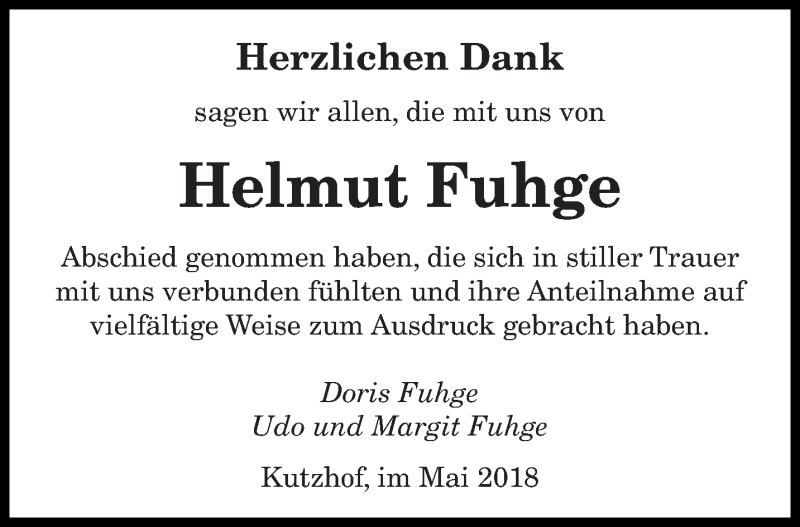  Traueranzeige für Helmut Fuhge vom 30.05.2018 aus saarbruecker_zeitung