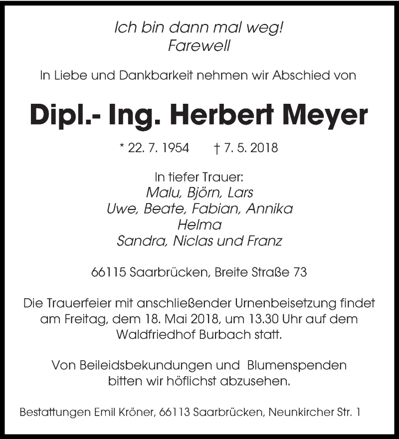  Traueranzeige für Herbert Meyer vom 12.05.2018 aus saarbruecker_zeitung