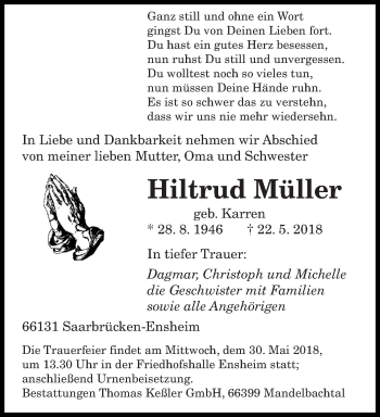 Traueranzeige von Hiltrud Müller von saarbruecker_zeitung