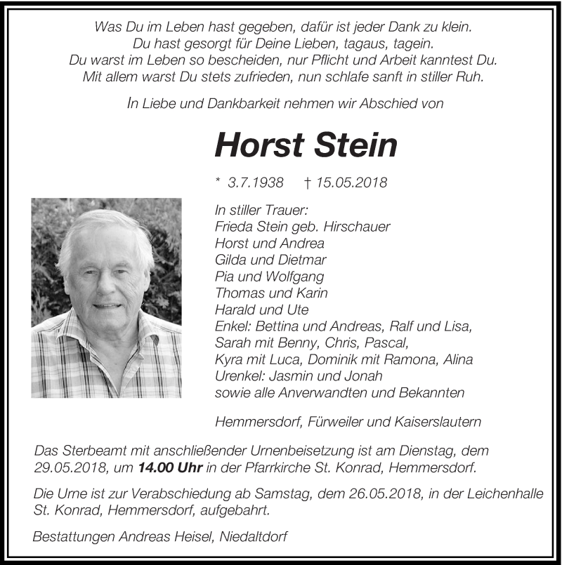  Traueranzeige für Horst Stein vom 26.05.2018 aus saarbruecker_zeitung