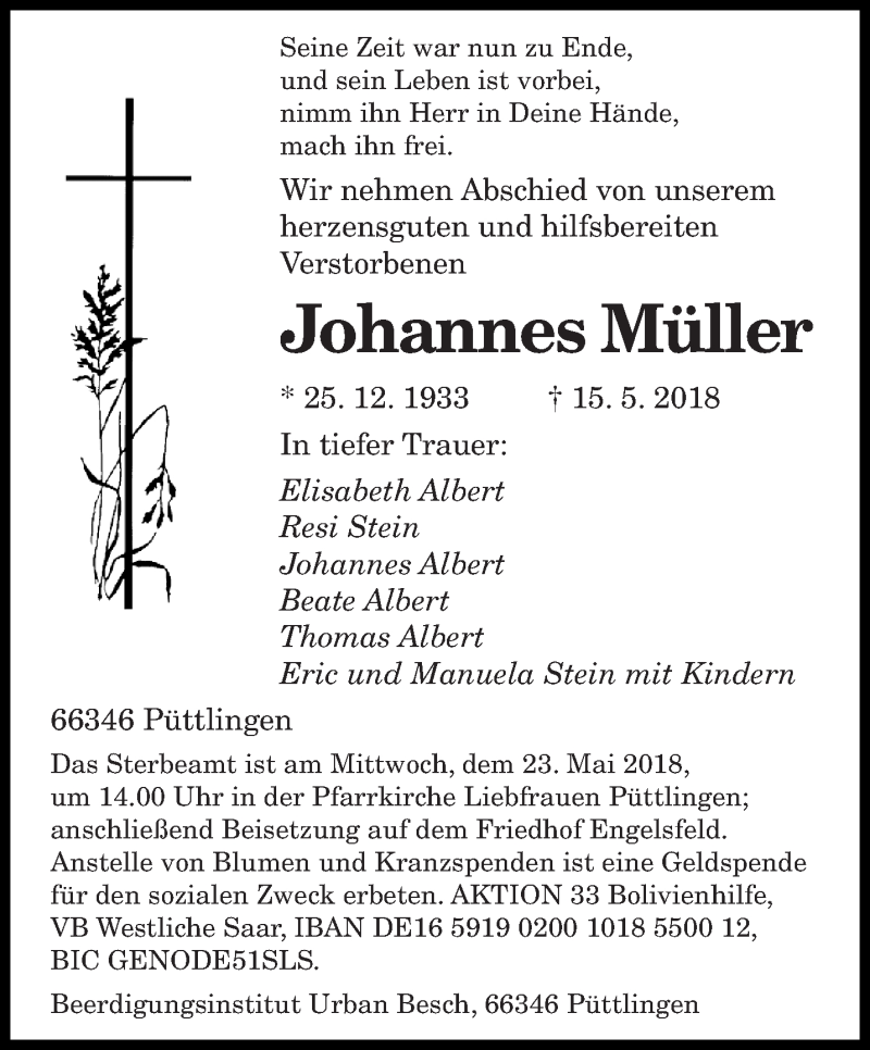  Traueranzeige für Johannes Müller vom 19.05.2018 aus saarbruecker_zeitung