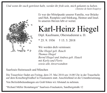 Traueranzeige von Karl-Heinz Hiegel von saarbruecker_zeitung