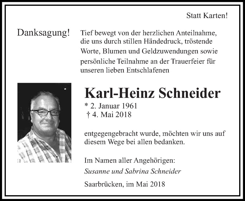  Traueranzeige für Karl-Heinz Schneider vom 26.05.2018 aus saarbruecker_zeitung