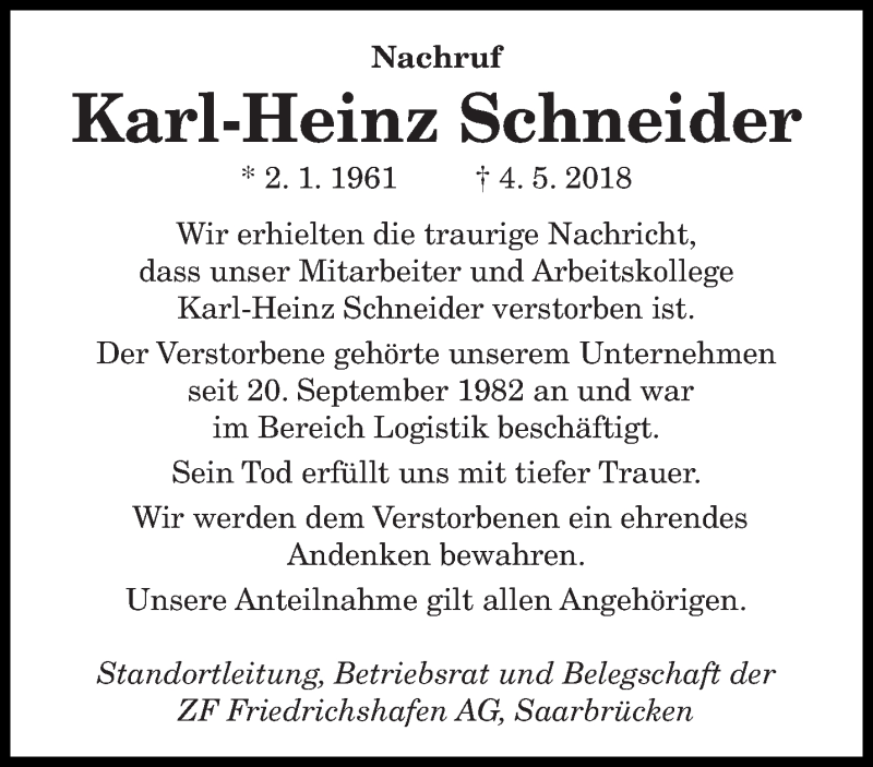  Traueranzeige für Karl-Heinz Schneider vom 19.05.2018 aus saarbruecker_zeitung