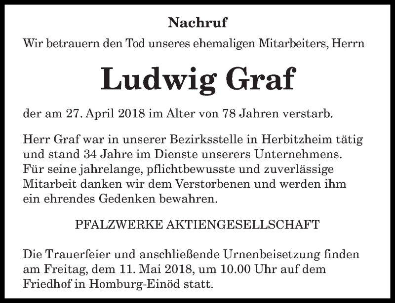  Traueranzeige für Ludwig Graf vom 05.05.2018 aus saarbruecker_zeitung