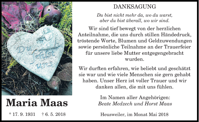  Traueranzeige für Maria Maas vom 26.05.2018 aus saarbruecker_zeitung