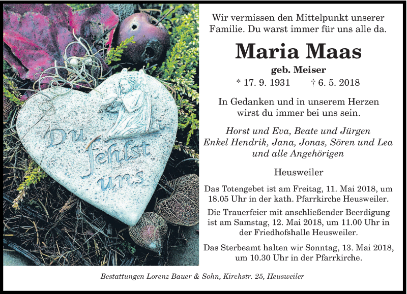  Traueranzeige für Maria Maas vom 09.05.2018 aus saarbruecker_zeitung