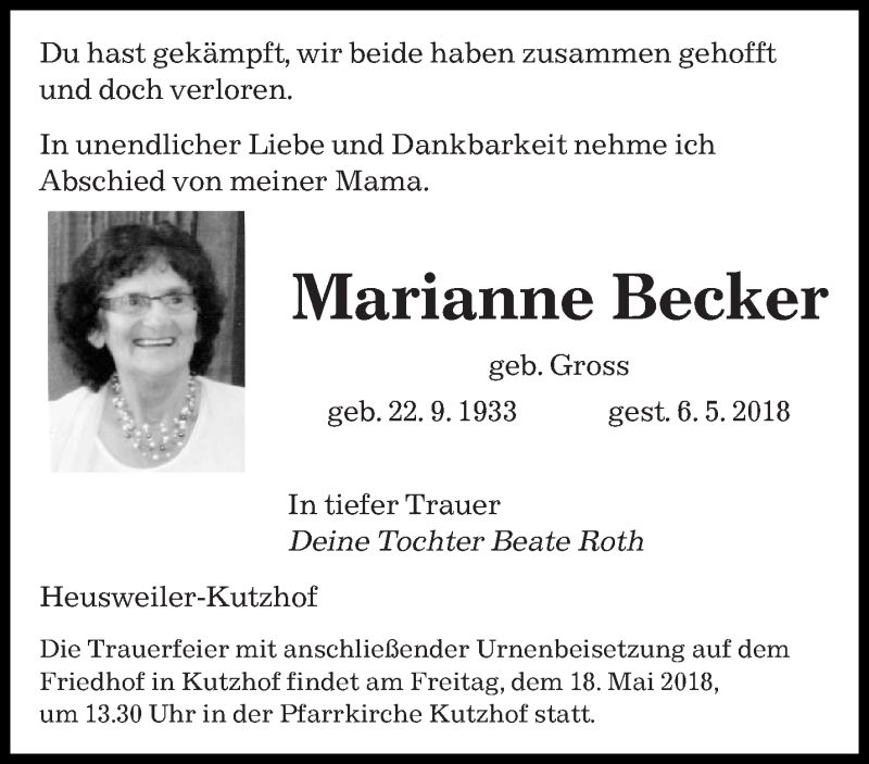  Traueranzeige für Marianne Becker vom 15.05.2018 aus saarbruecker_zeitung