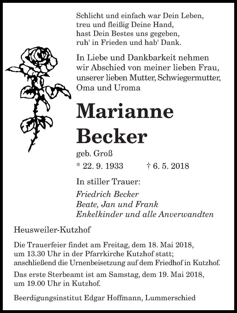  Traueranzeige für Marianne Becker vom 15.05.2018 aus saarbruecker_zeitung