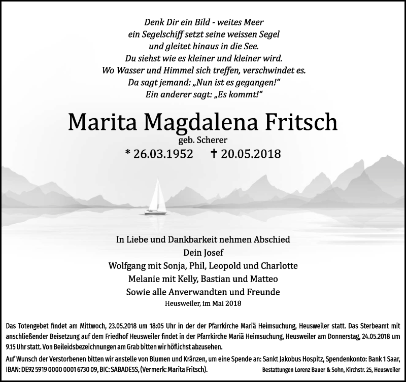  Traueranzeige für Marita Magdalena Fritsch vom 22.05.2018 aus saarbruecker_zeitung