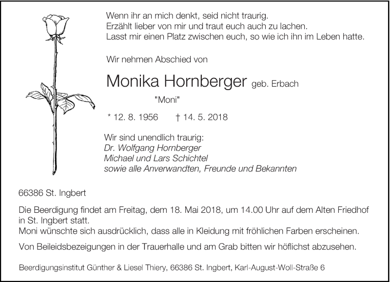  Traueranzeige für Monika Hornberger vom 16.05.2018 aus saarbruecker_zeitung