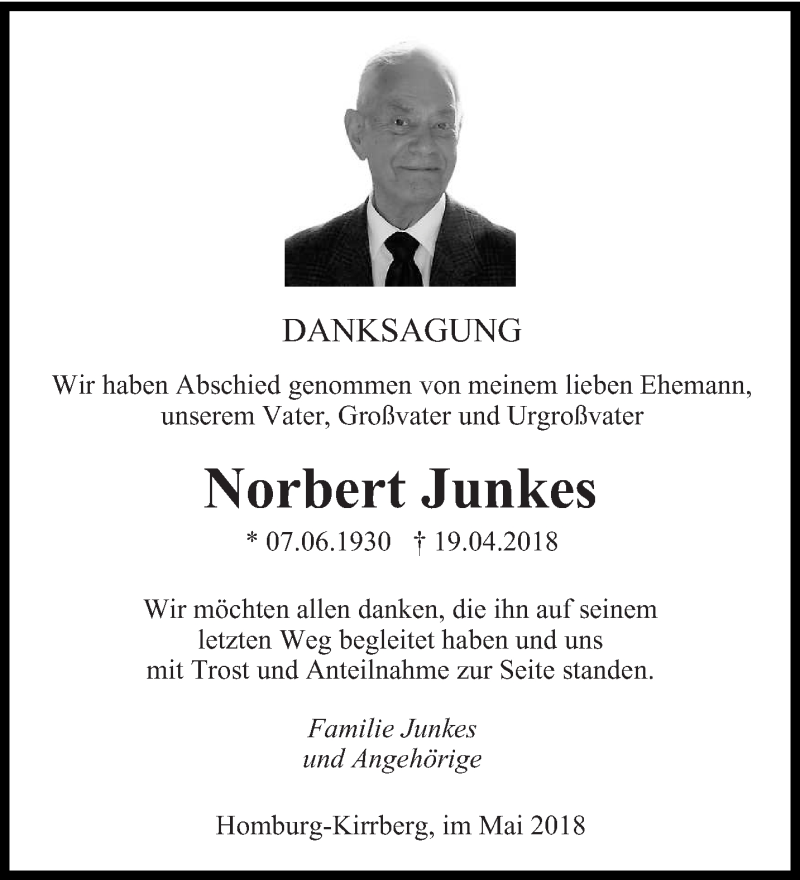  Traueranzeige für Norbert Junkes vom 12.05.2018 aus saarbruecker_zeitung