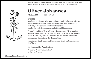 Traueranzeige von Oliver Johannes von saarbruecker_zeitung