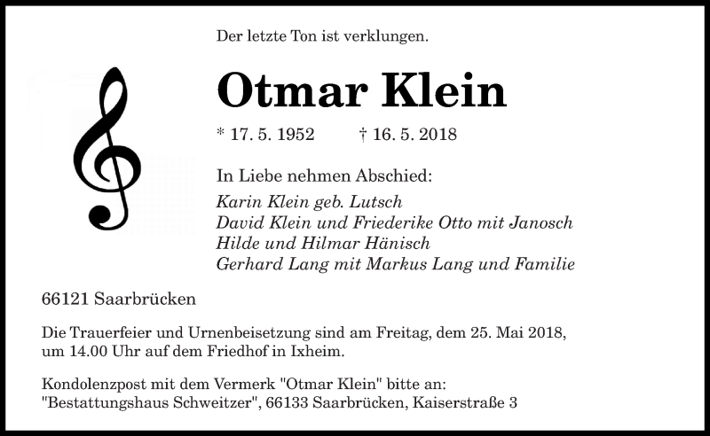  Traueranzeige für Otmar Klein vom 19.05.2018 aus saarbruecker_zeitung