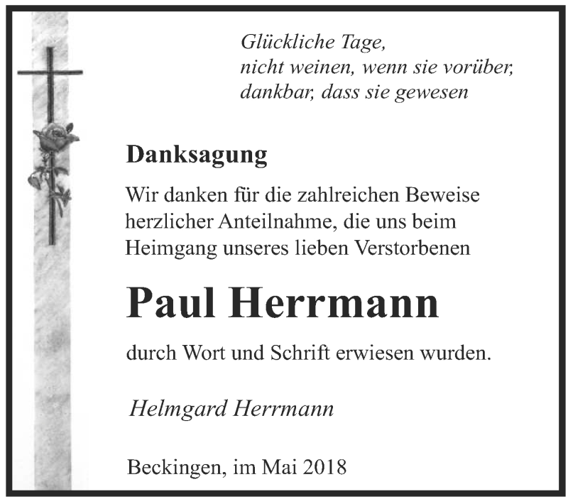  Traueranzeige für Paul Herrmann vom 16.05.2018 aus saarbruecker_zeitung