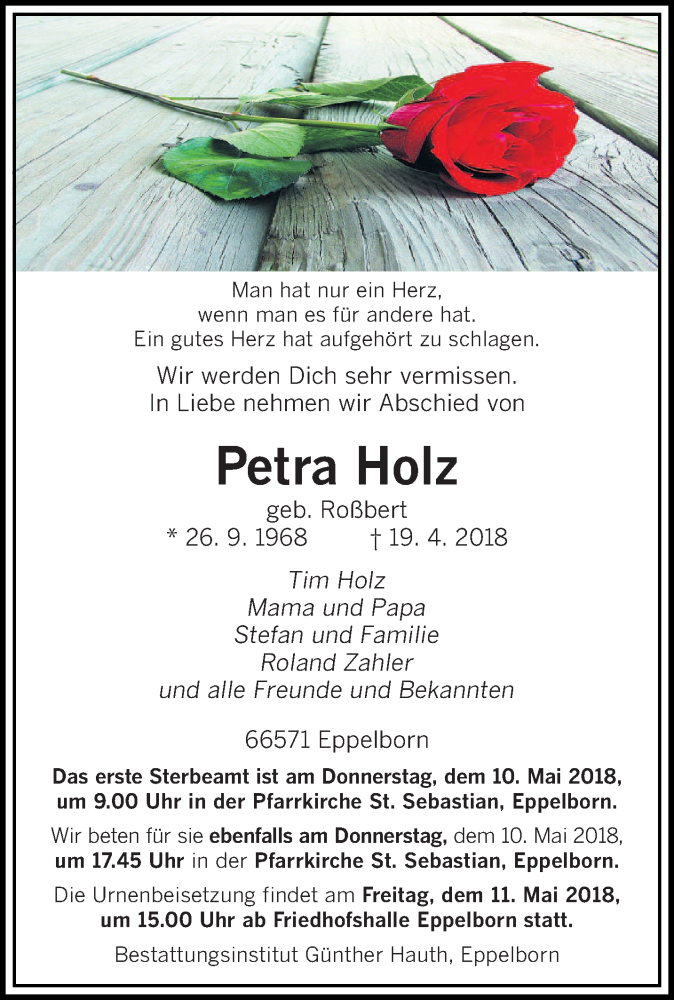  Traueranzeige für Petra Holz vom 05.05.2018 aus saarbruecker_zeitung