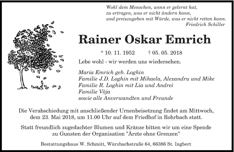  Traueranzeige für Rainer Oskar Emrich vom 19.05.2018 aus saarbruecker_zeitung