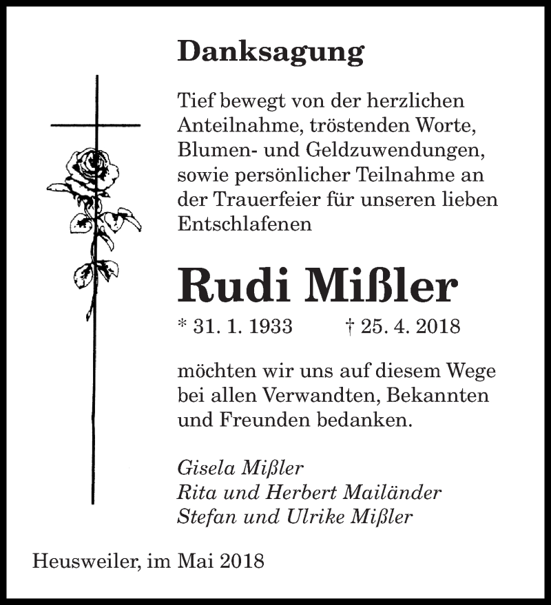  Traueranzeige für Rudi Mißler vom 19.05.2018 aus saarbruecker_zeitung