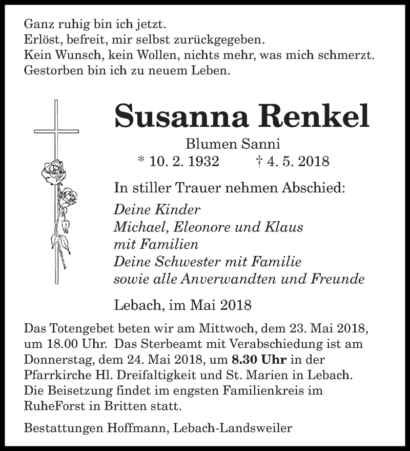  Traueranzeige für Susanna Renkel vom 19.05.2018 aus saarbruecker_zeitung