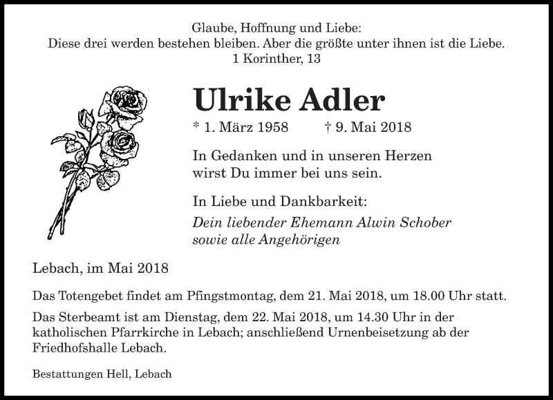  Traueranzeige für Ulrike Adler vom 17.05.2018 aus saarbruecker_zeitung