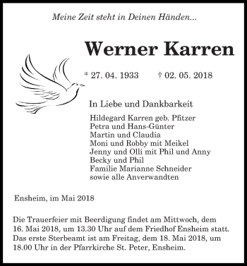 Traueranzeige von Werner Karren von saarbruecker_zeitung